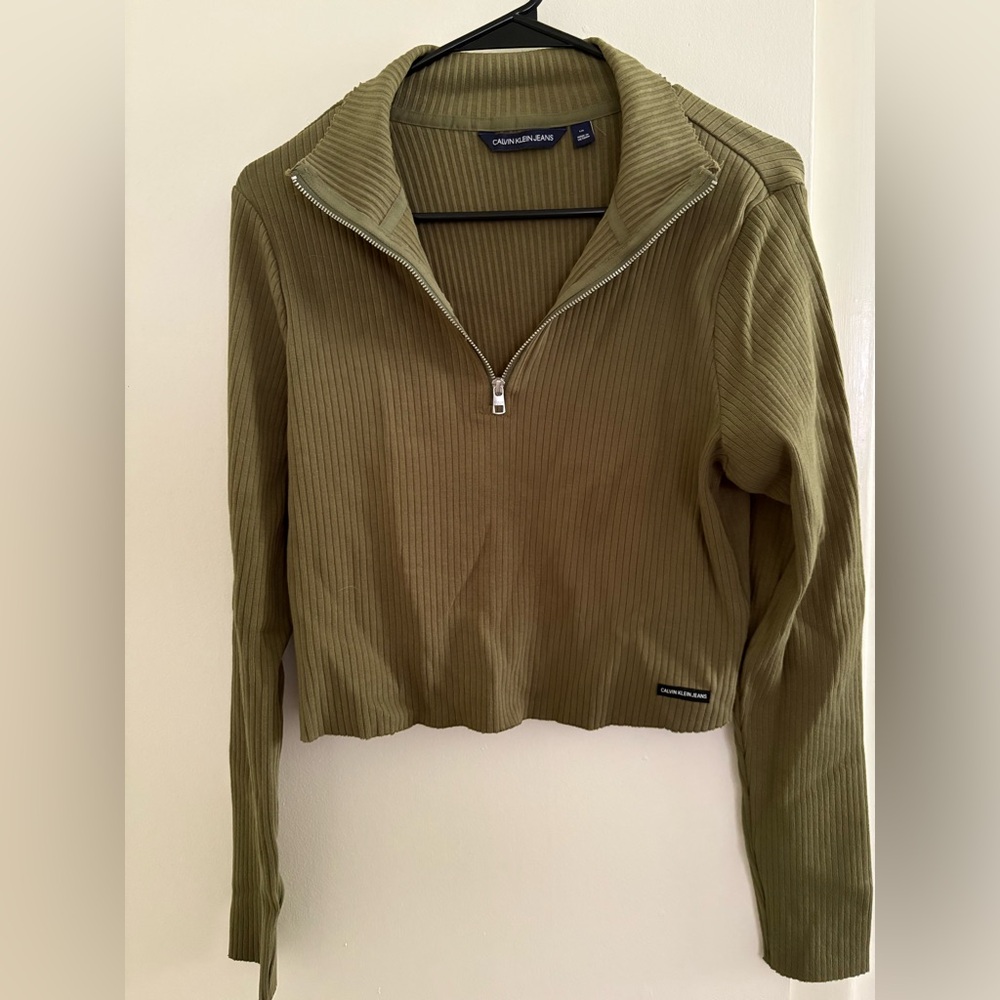 Calvin Klein Green Ribbed Crop Polo Sweatshirt